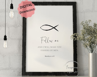 Matteo 4:19 STAMPABILE, Seguimi, Pescatori di uomini, Decorazione minimalista con versetti della Bibbia, *DOWNLOAD DIGITALE*, Arte murale con le Scritture, Segno di Gesù Pesce