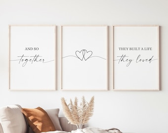 Y así juntos construyeron una vida que amaron, juego de 3 imprimibles, decoración de pared para dormitorio, *descargas digitales*, letreros sobre la cama, regalo de bodas