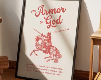 Die Rüstung Gottes DRUCKBAR, Retro Schrift Wandkunst, rotes christliches Wohndekor, DIGITALER DOWNLOAD, Epheser 6, Bibel-Vers-Illustrationskunst