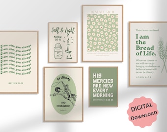 Saliegroen christelijke muurkunstbundel, set van 6 PRINTABLES, retro schriftgalerij decor, *DIGITAL DOWNLOADS*, trendy bijbelverzen posters