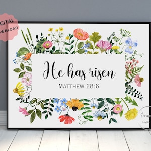 Puede incluir: Una impresión de arte imprimible blanca con un borde floral y el texto "He has risen Matthew 28:6".