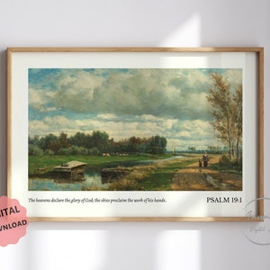 Psalm 19:1 PRINTABLE, The Heavens Declare The Glory Of God, *DIGITAL DOWNLOAD*, Vintage Countryside Painting, Bible Verse Wall Art, 5 JPGs