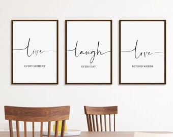 Lev, skratta, kärlek, UTSKRIVBARA AFFÄRER, Motiverande citatposters, Set med 3 tryck, *DIGITALA NEDLADDNINGAR*, Modern heminredning, Inflyttningspresent, 5 dragkedjor