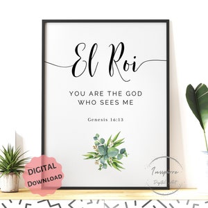 El Roi Wall PRINTABLE, Genesis 16:13, The God Who Sees Me, *DIGITAL DOWNLOAD*, Christian Home Decor, Watercolor Leaves Art, Scripture Verse