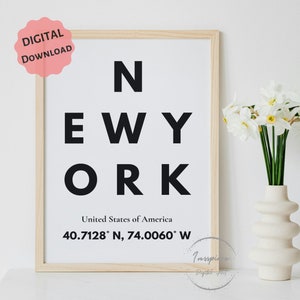 Coordenadas de Nova York, Estados Unidos, PARA IMPRIMIR, pôster de latitude e longitude, *DOWNLOAD DIGITAL*, presente de aniversário de casamento, arte de parede para quarto