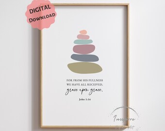Gnade nach Gnade DRUCKBAR, Johannes 1:16, Ästhetischer Bibel-Vers-Dekor, * DIGITALER DOWNLOAD *, Schrift-Wandkunst, modernes christliches Hauptplakat