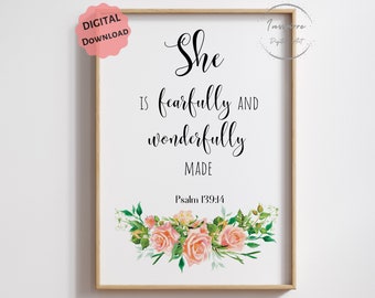 Fearfully and Wonderfully Made PRINTABLE, Psalm 139:14, Baptism Gift, DIGITAL DOWNLOAD, Christian Nursery Wall Decor, Rose Floral Art, 5JPGs