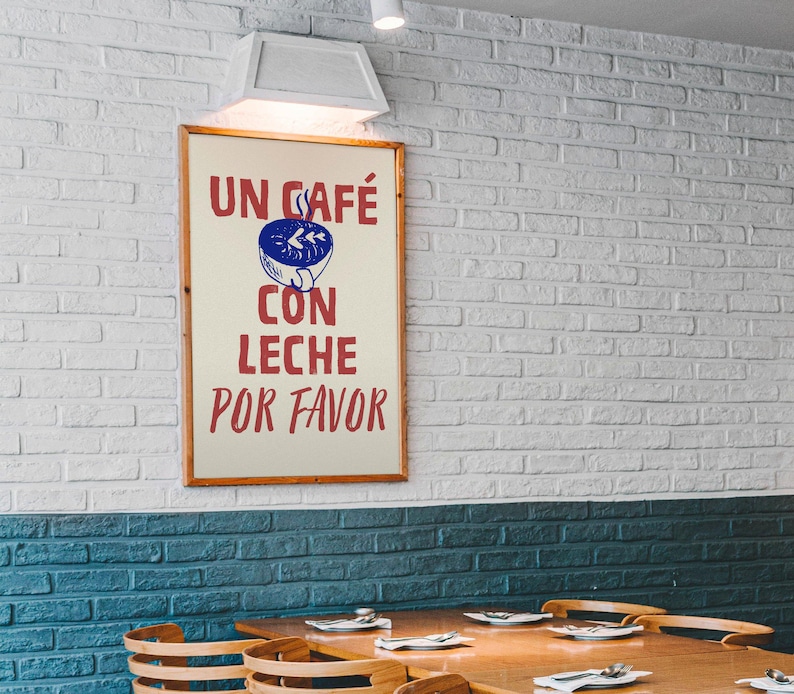 Un Café Con Leche PRINTABLE, Retro Spanish Coffee Wall Art, Trendy Kitchen Quote Decor, DIGITAL DOWNLOAD, Aesthetic Coffee Bar Cart Decor