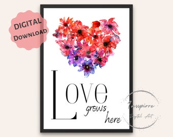 Liebe wächst hier Valentinstag druckbar, DIGITALER DOWNLOAD, Blumen Herz Zeichen, Schlafzimmer Dekor, druckbare Wandkunst, Liebe Zitat Print, 5 jpgs
