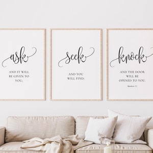 Matthew 7:7, Ask Seek Knock, Set of 3 PRINTABLES, Bible Verse Wall Art, DIGITAL DOWNLOADS, Christian Posters, Modern Minimalist Decor, 5ZIP