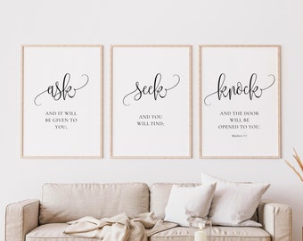 Mateo 7:7, Pedir, Buscar, Llamar, Juego de 3 IMPRIMIBLES, Arte mural bíblico para la oficina, DESCARGAS DIGITALES, Pósteres cristianos, Decoración minimalista moderna
