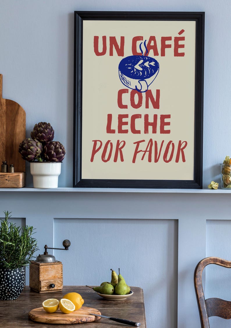 Un Café Con Leche PRINTABLE, Retro Spanish Coffee Wall Art, Trendy Kitchen Quote Decor, DIGITAL DOWNLOAD, Aesthetic Coffee Bar Cart Decor