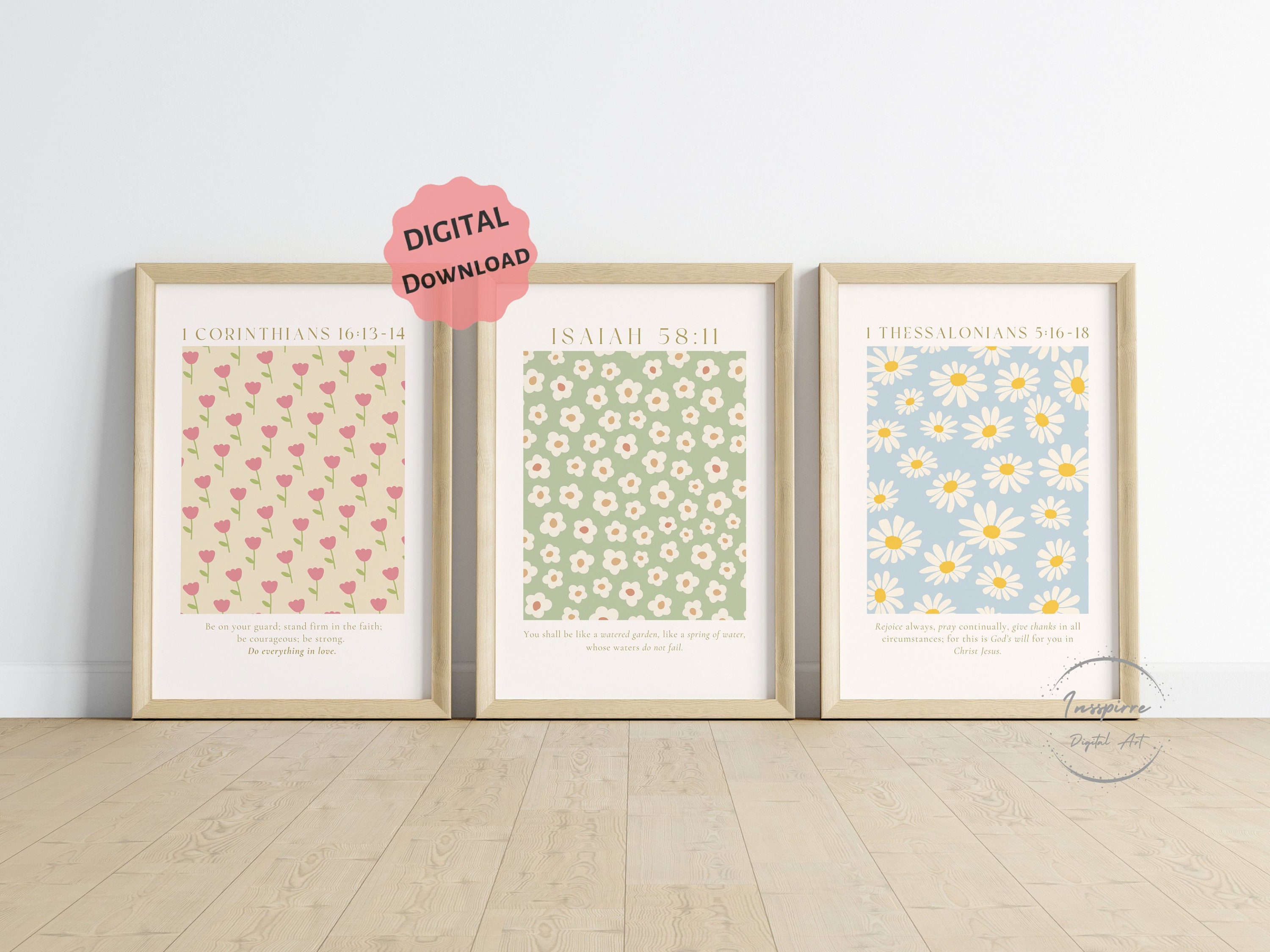 Set of 3 Christian Floral Wall Art, Bible Verses PRINTABLES, Vintage ...