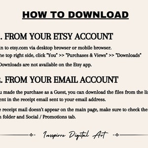 Puede incluir: Gr&aacute;fico beige con texto negro que detalla c&oacute;mo descargar compras de arte digital de Etsy. Se proporcionan instrucciones para descargar desde una cuenta de Etsy y desde una cuenta de correo electr&oacute;nico. El texto incluye la direcci&oacute;n del sitio web de Etsy y menciona la aplicaci&oacute;n de Etsy.