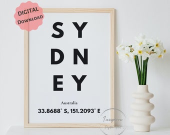 Sydney Australia Coordinates PRINTABLE, Office Wall Art, Address Sign, *DIGITAL DOWNLOAD*, Travel Poster, Latitude Longitude Print, 5 JPGs