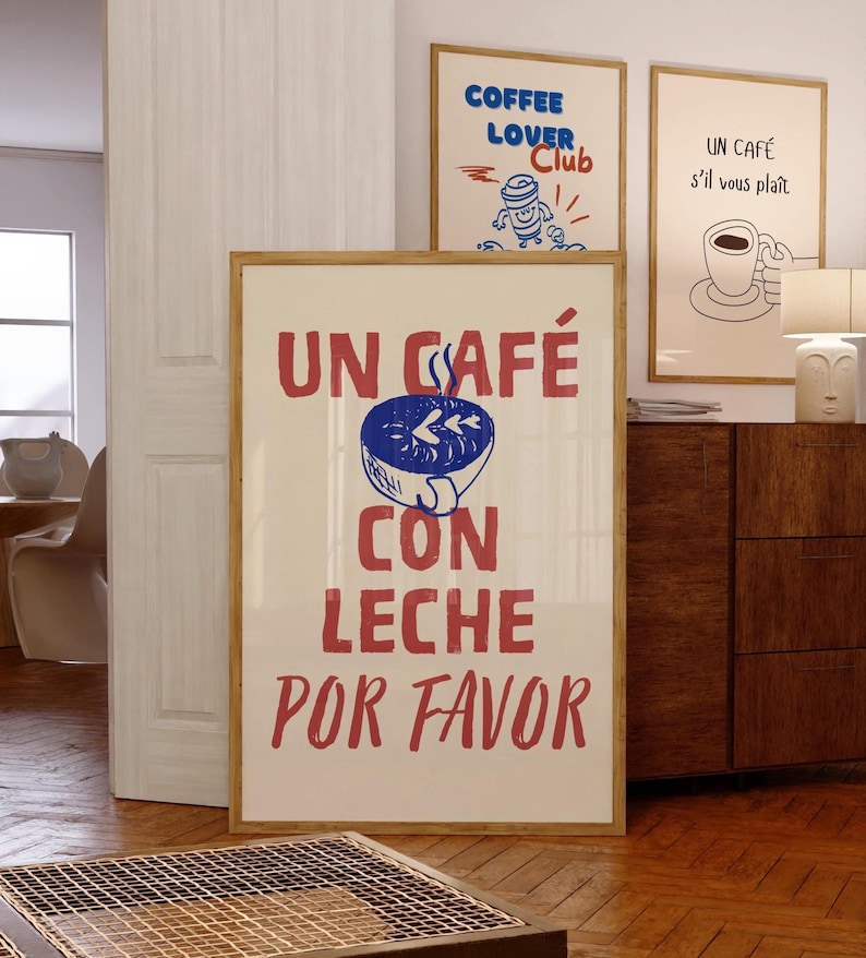 Un Café Con Leche PRINTABLE, Retro Spanish Coffee Wall Art, Trendy Kitchen Quote Decor, DIGITAL DOWNLOAD, Aesthetic Coffee Bar Cart Decor