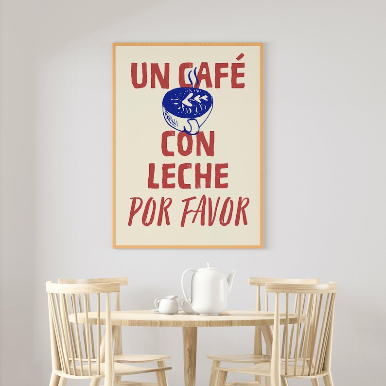 Un Café Con Leche PRINTABLE, Retro Spanish Coffee Wall Art, Trendy Kitchen Quote Decor, DIGITAL DOWNLOAD, Aesthetic Coffee Bar Cart Decor