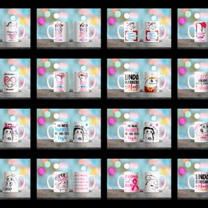 May include: Set of two white ceramic mugs with colorful designs and text. The mugs feature a cartoon character with a heart and the text "Linda Guerrero Mad" and "Cafe Olido Hoo Cora Mad".
