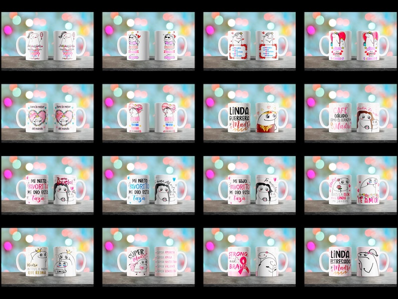 May include: Set of two white ceramic mugs with colorful designs and text. The mugs feature a cartoon character with a heart and the text "Linda Guerrero Mad" and "Cafe Olido Hoo Cora Mad".