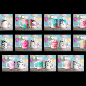 May include: Set of 10 pink and white ceramic mugs with various humorous sayings in Spanish. The mugs feature illustrations of a cartoon character.