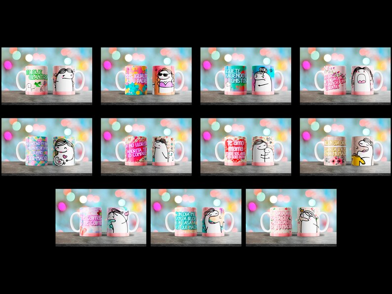 May include: Set of 10 pink and white ceramic mugs with various humorous sayings in Spanish. The mugs feature illustrations of a cartoon character.