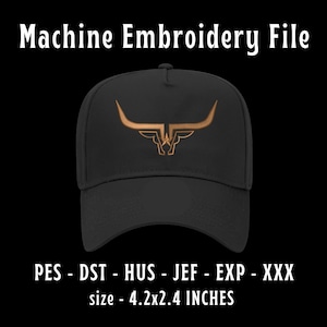 May include: Black baseball cap with a gold embroidered bull's head design. PES - DST - HUS - JEF - EXP - XXX size - 4.2x2.4 inches