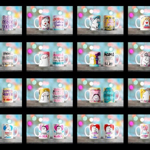 May include: Set of 20 colorful ceramic mugs with various designs and text. The mugs feature cartoon illustrations of a unicorn, a heart, and a person. The text on the mugs includes phrases like "Super Mam&aacute;" and "Feliz D&iacute;a de la Madre".