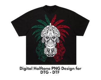 Azteken-Halbton-T-Shirt-Design, Mexiko DTF-Shirt-Design, DTG-T-Shirt-Design, Semitono PNG, für schwarze Hemden