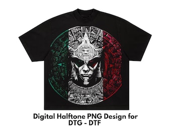 Aztec Calendar  Halftone T-Shirt Design, DTF Shirt Design, DTG Tee Design, Semitono PNG, For Black Shirts