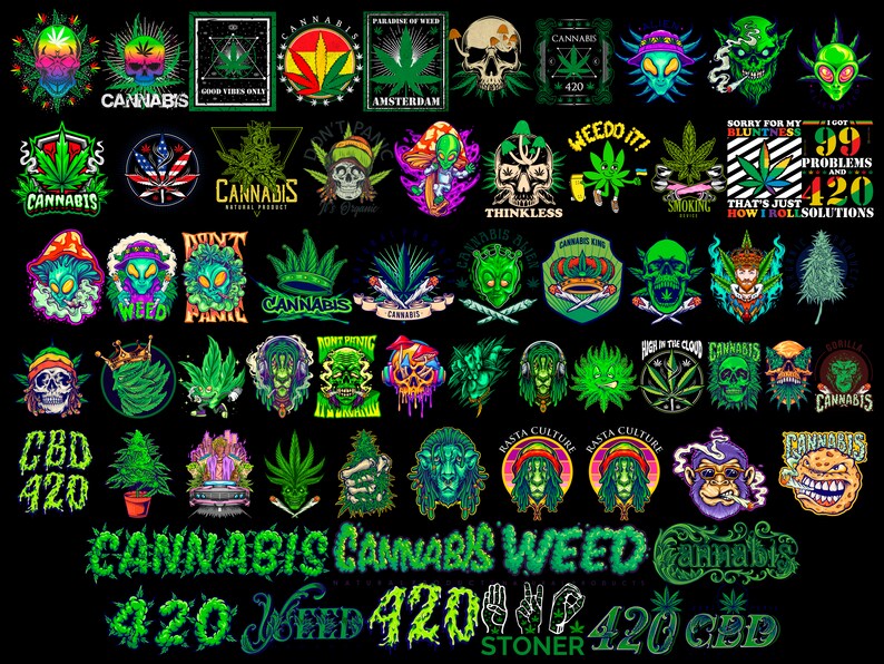 May include: A colorful digital illustration of various cannabis-themed designs. The designs feature skulls, aliens, and other imagery related to cannabis culture. The text "CANNABIS CANNABIS WEED 420 WEED 420 NO 420 CBD STONER" is displayed at the bottom of the image.