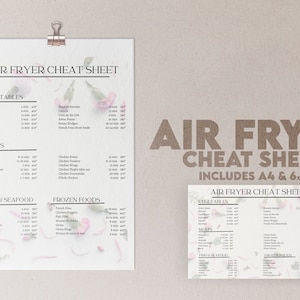 Puede incluir: Una hoja de trucos imprimible para freidora de aire con tiempos de cocción y temperaturas para varias verduras, carnes, pescados y mariscos. La hoja de trucos incluye un diseño floral y el texto "Air Fryer Cheat Sheet Includes A4 & 6x4".