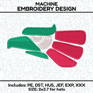 May include: Machine embroidery design of a green and red eagle, with the text "MACHINE EMBROIDERY DESIGN" and "Includes: PE, DST, HUS, JEF, EXP, XXX SIZE: 2x3.7 for hats".