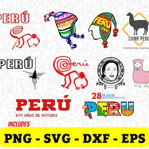 Puede incluir: Una colección de archivos de corte digital con varios diseños relacionados con Perú. Los diseños incluyen las palabras "Perú" en diferentes estilos, un mono, una llama, un sombrero y una bandera. También se incluye el texto "Campamento Perú Recaudación de fondos para la expedición". Los diseños están disponibles en los formatos PNG, SVG, DXF y EPS.