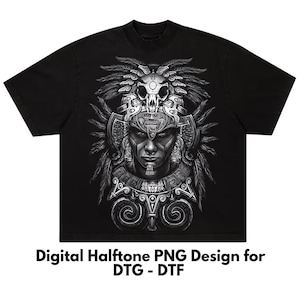 Aztec Warrior Halftone T-Shirt Design, DTF Shirt Design, DTG Tee Design, Semitono PNG, For Black Shirts