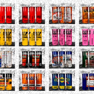 May include: Set of 20 sublimation tumbler designs featuring various vintage-style oil and automotive brands. The designs include logos, text, and imagery related to motor oil, engine cleaner, and other automotive products. The designs are in various colors, including red, yellow, blue, green, and black.