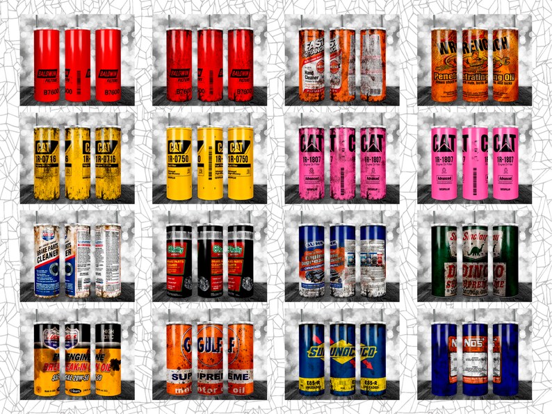 May include: Set of 20 sublimation tumbler designs featuring various vintage-style oil and automotive brands. The designs include logos, text, and imagery related to motor oil, engine cleaner, and other automotive products. The designs are in various colors, including red, yellow, blue, green, and black.
