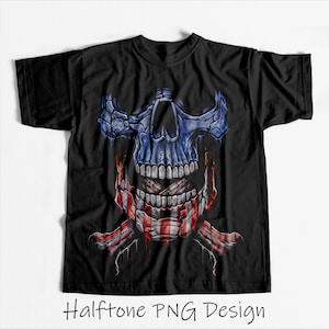 May include: A black t-shirt with a graphic of a skull with an American flag design. The skull is blue and white, and the flag is red, white, and blue.