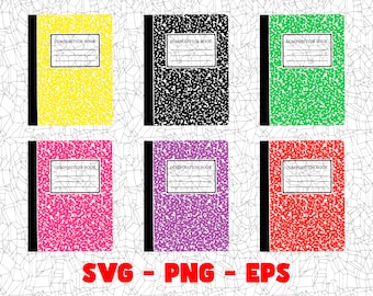 May include: Six composition notebooks with different colored covers. The covers are yellow, black, green, pink, purple, and red. Each notebook has the words "COMPOSITION BOOK" printed on the front.