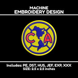May include: Machine embroidery design of a yellow soccer ball with a blue world map and red "CA" letters. The design is 2.5 inches by 2.5 inches and includes embroidery file formats: PE, DST, HUS, JEF, EXP, and XXX.