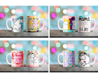 May include: Set of four white ceramic mugs with colorful designs and Spanish text. The mugs feature illustrations of a unicorn, a couple, a mother and child, and a pregnant woman. The text on the mugs includes phrases like "Feliz dia Mama", "Te amo mama", "Mama eres la mejor", and "Has hecho realidad mi mas grande sueño ser madre".