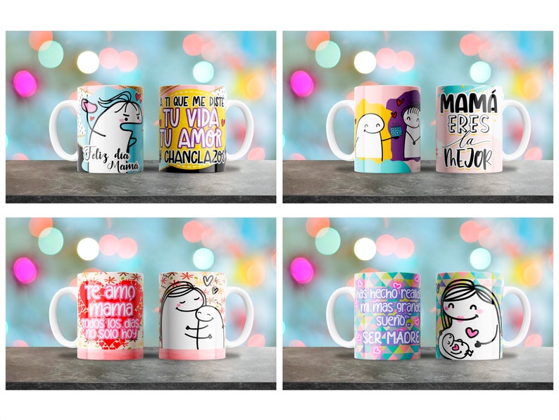 May include: Set of four white ceramic mugs with colorful designs and Spanish text. The mugs feature illustrations of a unicorn, a couple, a mother and child, and a pregnant woman. The text on the mugs includes phrases like "Feliz dia Mama", "Te amo mama", "Mama eres la mejor", and "Has hecho realidad mi mas grande sue&ntilde;o ser madre".