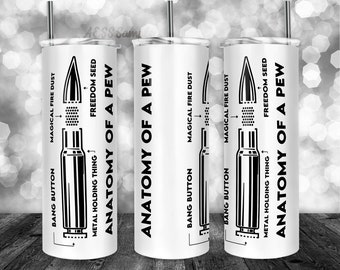 Puede incluir: Un vaso blanco con una ilustración en blanco y negro de una bala con el texto "Anatomy of a Pew" y las palabras "Bang Button", "Magical Fire Dust", "Metal Holding Thing" y "Freedom Seed".