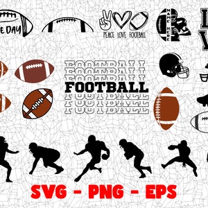 May include: A digital download of 15 black and white SVG, PNG, and EPS files featuring football-themed designs. The designs include footballs, players, and text such as "Game Day", "Peace Love Football", and "Football".