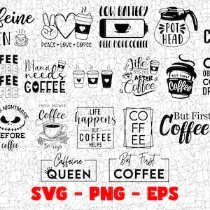 Peut inclure: Une collection de 16 designs SVG sur le thème du café en noir et blanc. Les designs incluent des phrases comme "Caffeine Queen", "But First Coffee", "Life Begins After Coffee", et "OCD Obsessive Coffee Drinker".