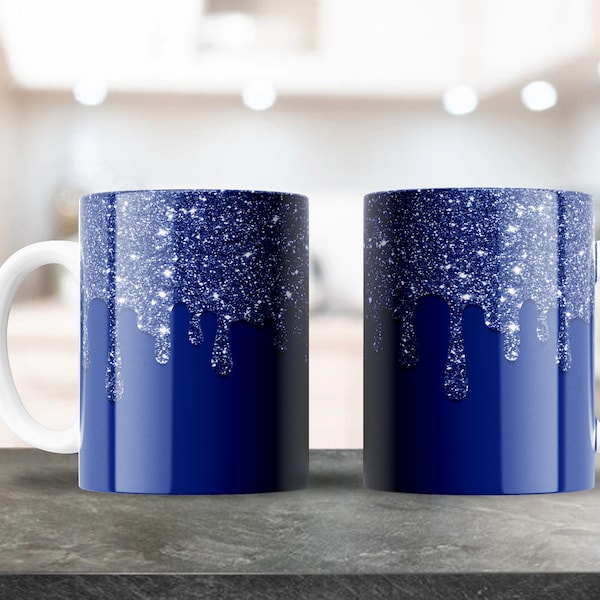 Blue Glitter Drip Mug Design, For 11 & 15oz coffee mugs, Diseño para taza de cafe, Sublimation Design, Plantilla para Sublimacion, PNG