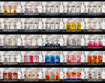 May include: A set of 10 different designs of glass tumblers with lids and straws. The tumblers feature various popular beer brands, including Corona, Modelo, Bud Light, and Truly.