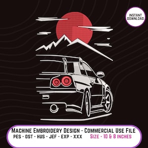 Può includere: Design di ricamo a macchina di un'auto in bianco e nero con luci posteriori rosse su uno sfondo di montagna bianca e sole rosso. Il design è disponibile nelle dimensioni di 10 e 8 pollici. Formati di file PES, DST, HUS, JEF, EXP, XXX.