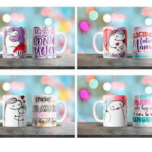 May include: Set of four white ceramic mugs with colorful designs and text. The mugs feature illustrations of a unicorn, a pregnant woman, a mother hugging a child, and a woman with a crown. The text on the mugs includes phrases like "Feliz dia de Ponte Sueter", "Felicidades Futura Mama", "Gracias por tu amor y paciencia", and "Mama solo hay una y como la vida ninguna".