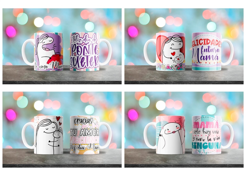 May include: Set of four white ceramic mugs with colorful designs and text. The mugs feature illustrations of a unicorn, a pregnant woman, a mother hugging a child, and a woman with a crown. The text on the mugs includes phrases like "Feliz dia de Ponte Sueter", "Felicidades Futura Mama", "Gracias por tu amor y paciencia", and "Mama solo hay una y como la vida ninguna".