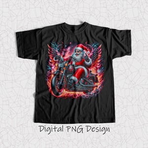 May include: A black t-shirt with a graphic of Santa Claus riding a motorcycle with wings. The motorcycle is surrounded by flames and the background is a starry night sky.